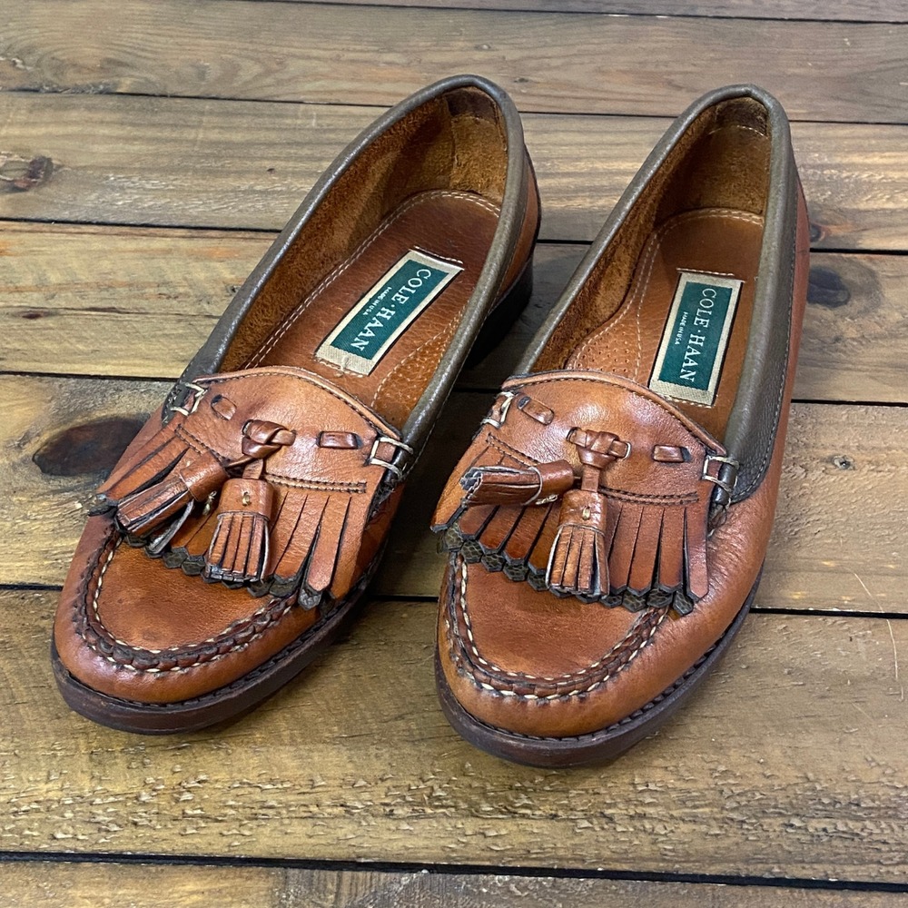 Cole Haan Vintage USA Leather Kiltie Tassel Loafers Brown Vibram Sole Womens